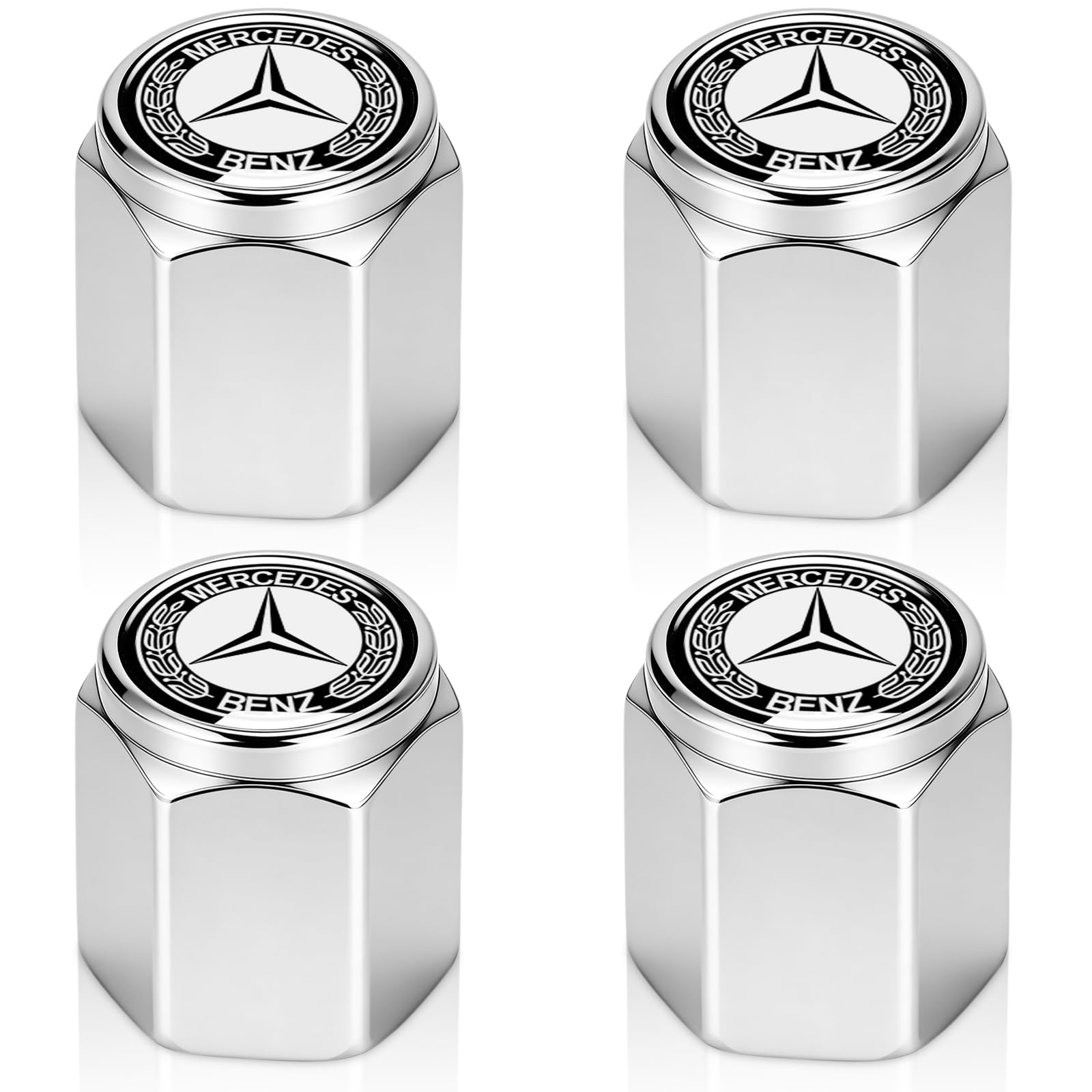 Tire Valve Stem Cap Cover Compatible for Mercedes Benz Series Belt O-Ring Seal tire Valve caps Silver 4 Pcs