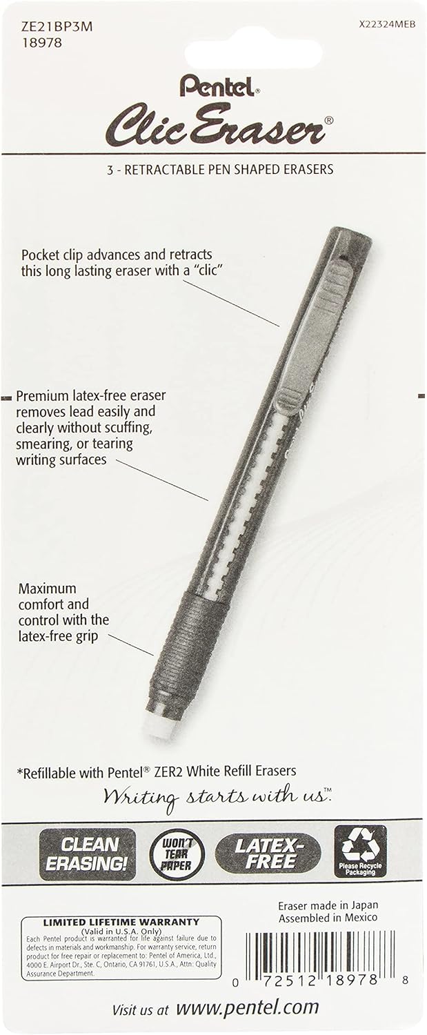 Pentel Clic Retractable Eraser with Grip, 3 Pack : Everything Else