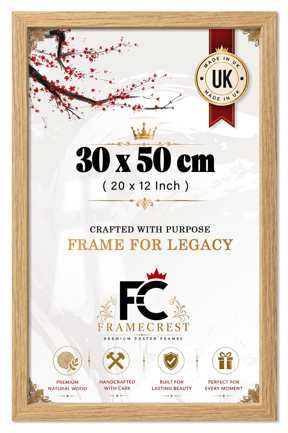 FRAMECREST LTD 30 X 50 CM Poster Frame | Wall Mount Poster Frame — MDF Wood Photo For Portrait Or Landscape Prints, Minimalist Artwork Holder For Art Display & Photo Gallery - [Oak]