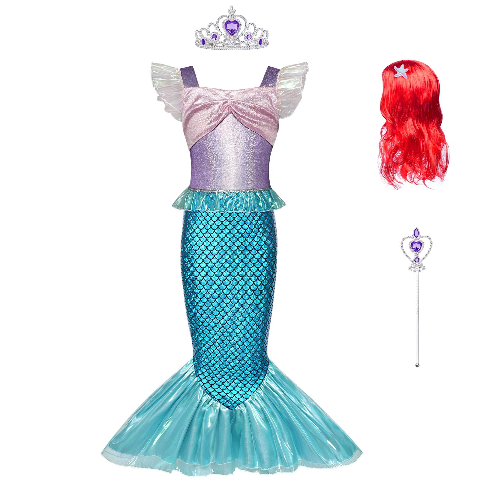BSBUY Meerjungfrau Kostüm Mädchen Fliegende Ärmel Arielle Prinzessinnenkleid Meerjungfrau Dress Up Kinder Lila Prinzessin Kleid mit Roter Perücke Krone Spazierstock Karneval Halloween Cosplay 110~150
