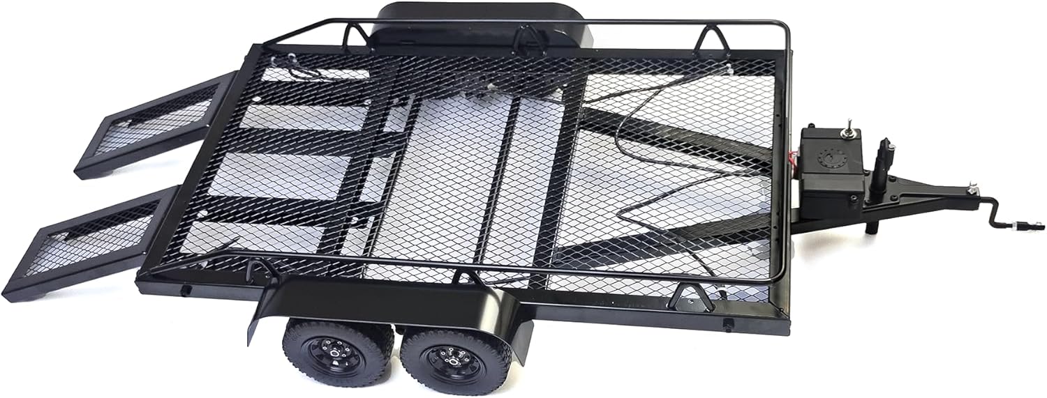 RC Trailer,1/10 RC car Trailer Flatbed kit for Rock Crawler car SCX10 TRX4 TRX6 D90 Wrangler Equipped with Four Tires and Lightweight Metal Trailer Accessories
