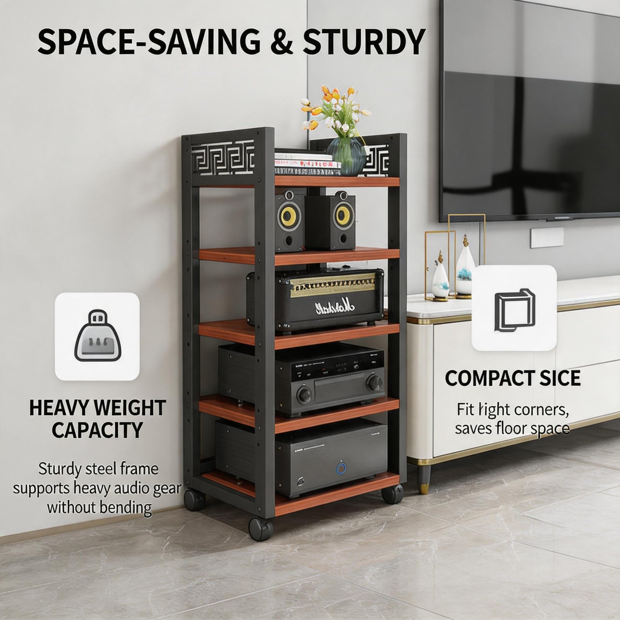Supporto multimediale AV a 3/4/5 livelli, armadio componente audio/video, mensola angolare in legno mobile, torre audio e centro multimediale per casa/ufficio/DJ/teatro, 4 colori (rilievo nero, 4