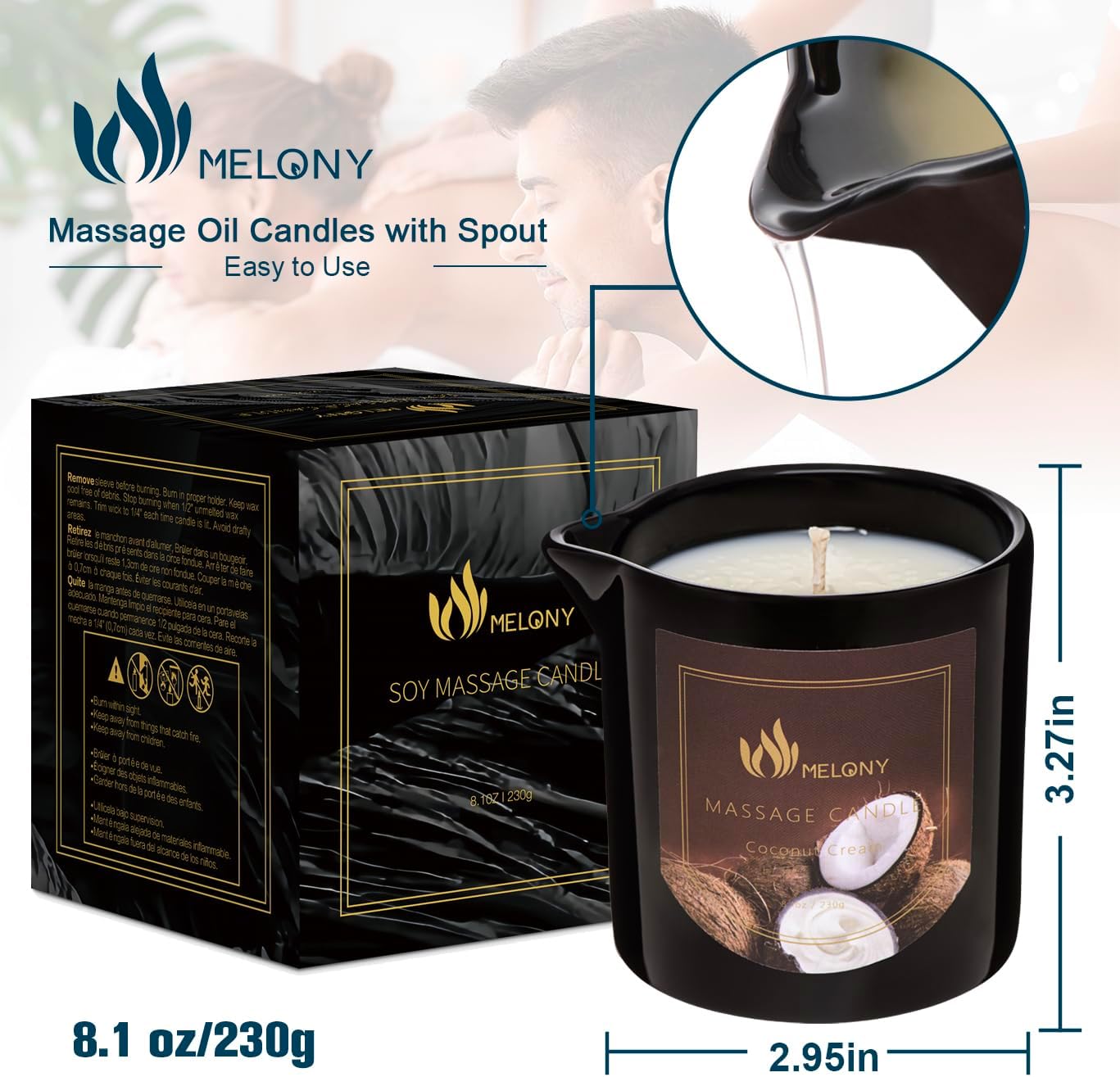 MELONY Massage Oil Candle | Great for Calming, Soothing and to Relax | with Natural Soy Wax | 8.1oz (Coconut Cream)