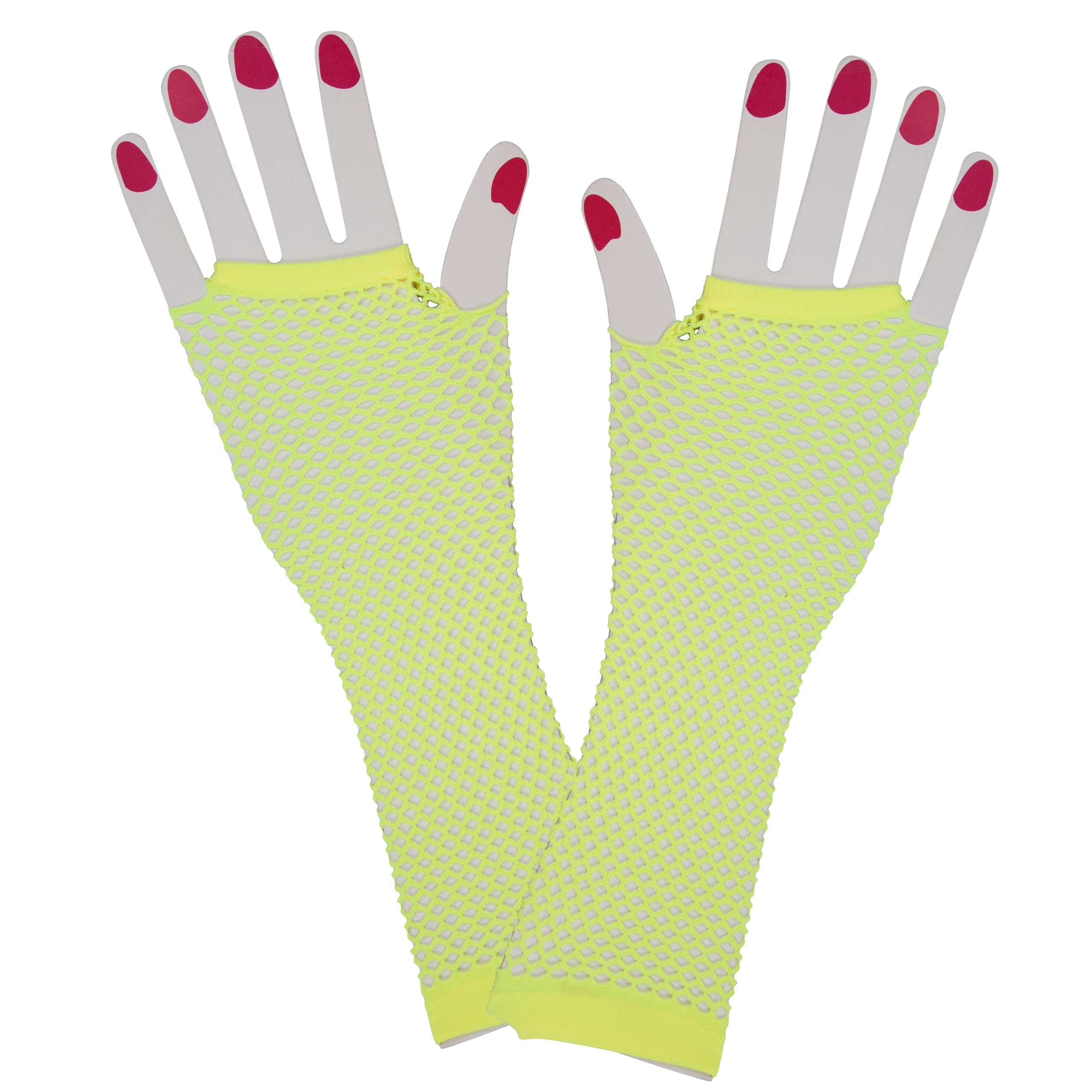 Wicked Costumes 80's Long Net Fingerless Gloves - Neon Yellow - Fancy Dress Accessory