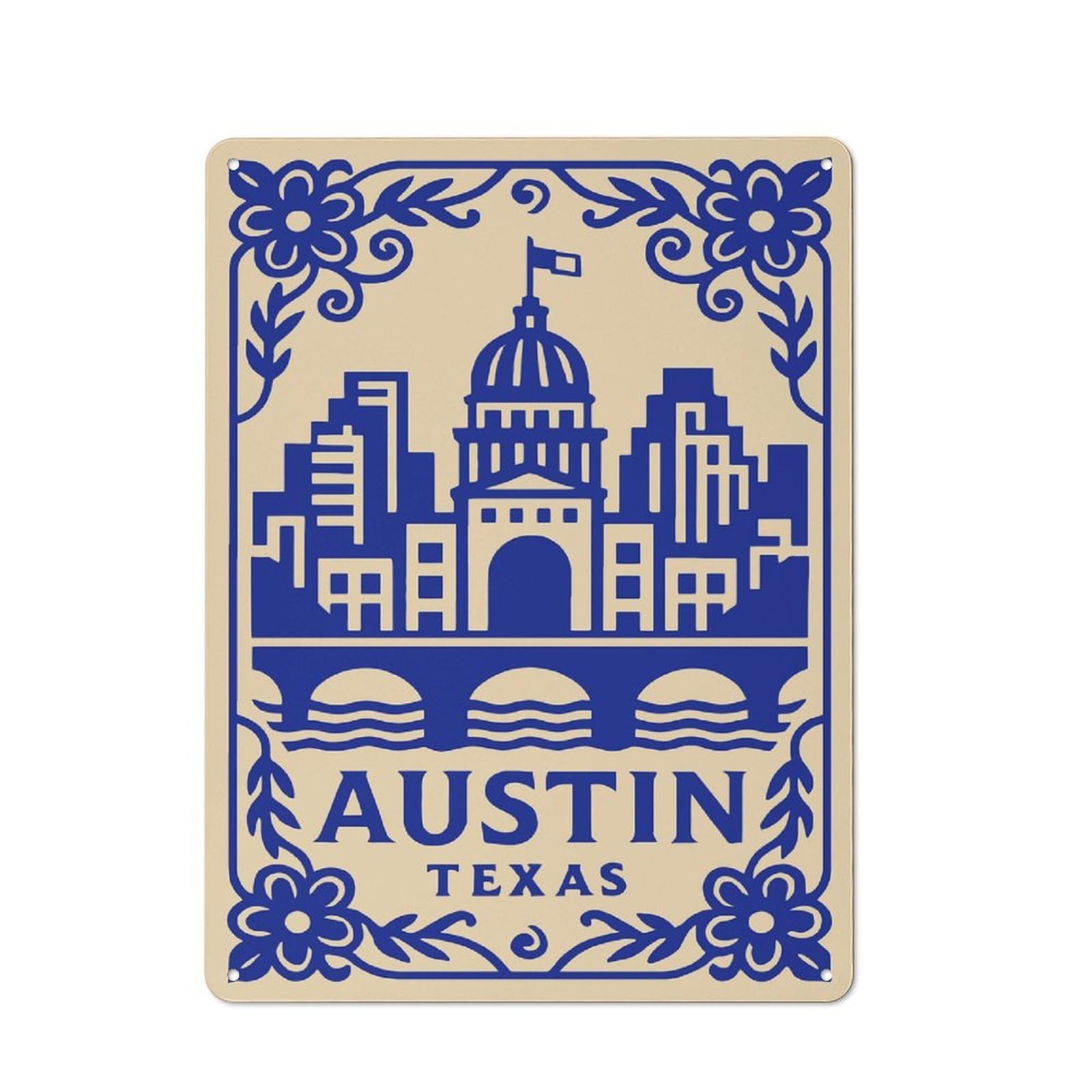 Understated Austin Texas Skyline with Floral Border Metal Wall Plaque 40x30cm, Creative Space Decor for Office, Study, Studio Or Hallway