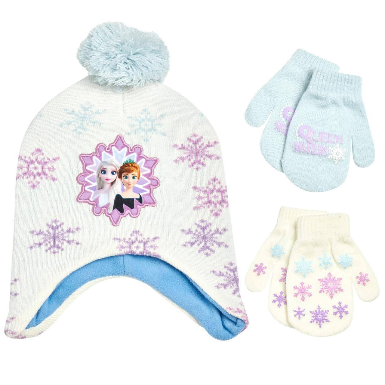 Disney Girls Frozen Winter Hat and 2 Pair Gloves or Mittens (Age 2-7) (White/Purple Mittens, Age 2-4)