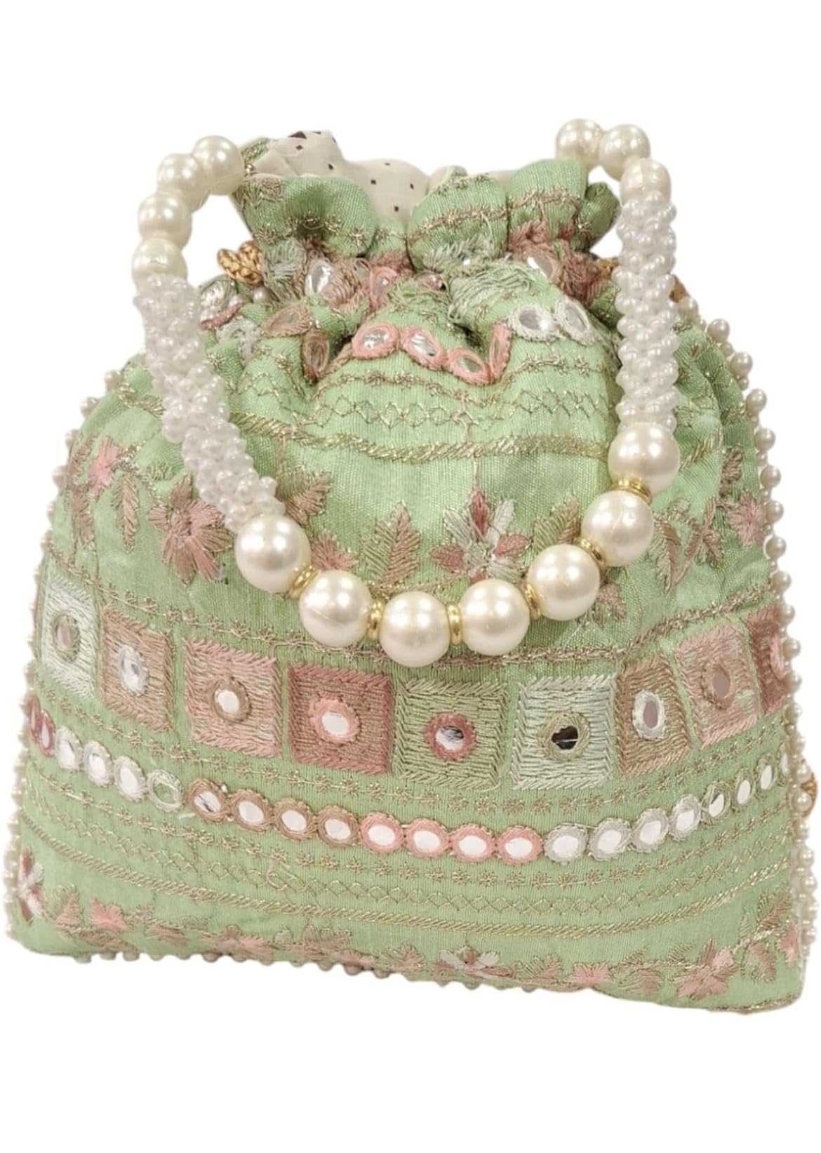 MMD Retail Embroidered Potli Bag, Mint Green, Mirror Work with Pearl Handle, Ethnic Drawstring Clutch for Women-image-48