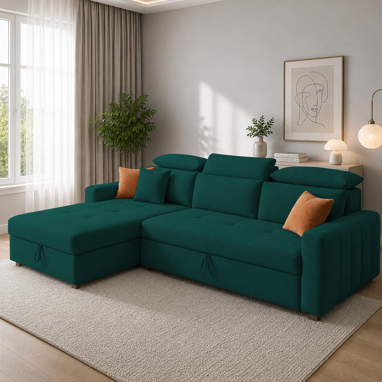 Amber LHS 4 Seater L Shape Sofa Cum Bed for Living Room (Pine Fabric) Premium Fabric Sofa Set-image-27