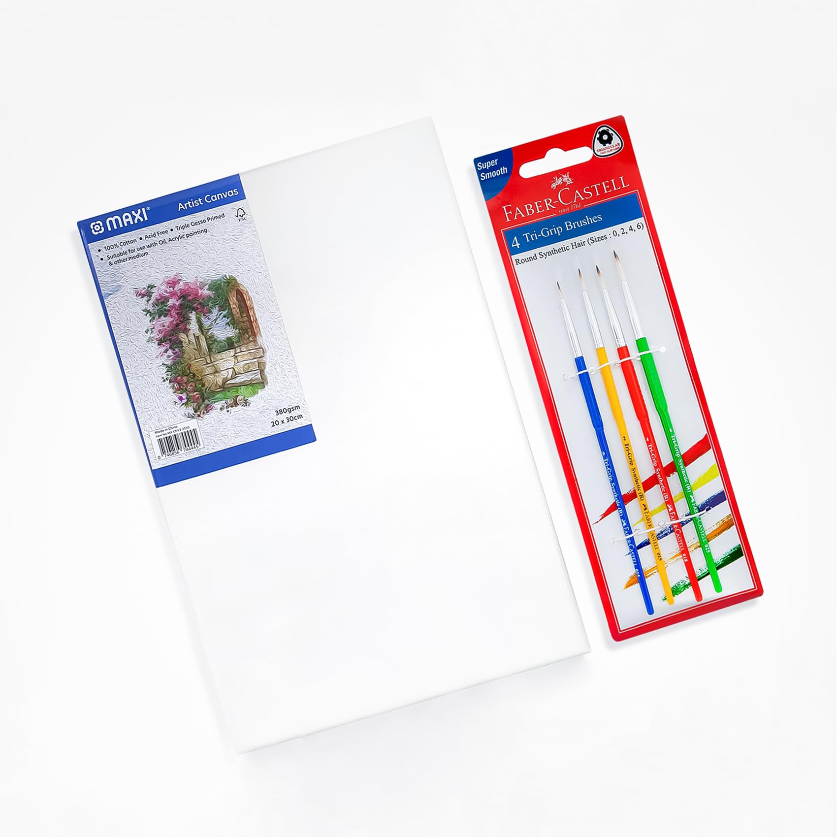 Maxi Stretched Canvas Board 380Gsm 20x30cm+Grip Painting Brushes Round Syathetic Hair 4Pc Set (Sizes 0, 2, 4 And 6)