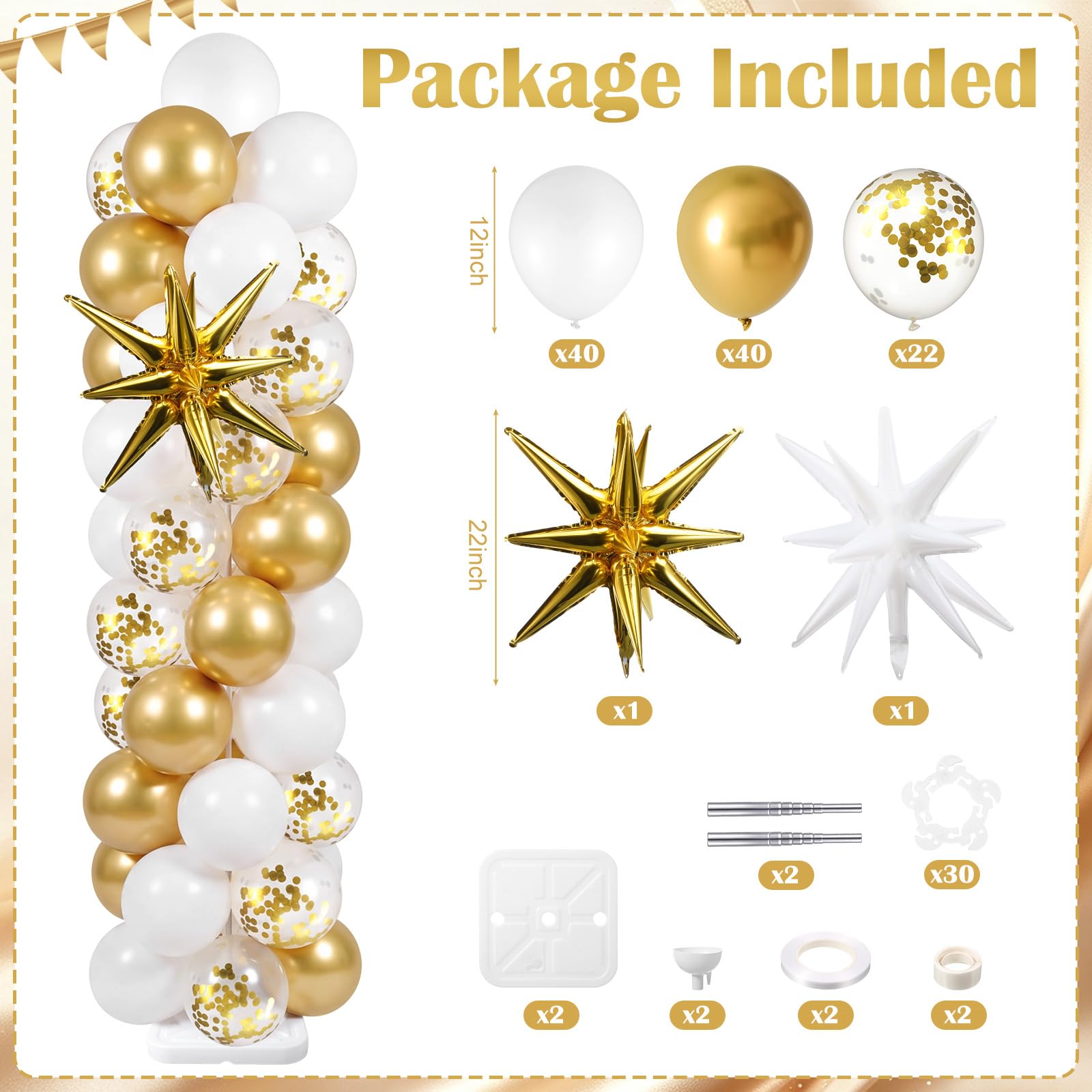 Skylety 2 set di supporti per palloncini bianchi e oro regolabili in oro bianco con basi per compleanni, matrimoni, addio al nubilato, anniversari, feste, baby shower, decorazioni