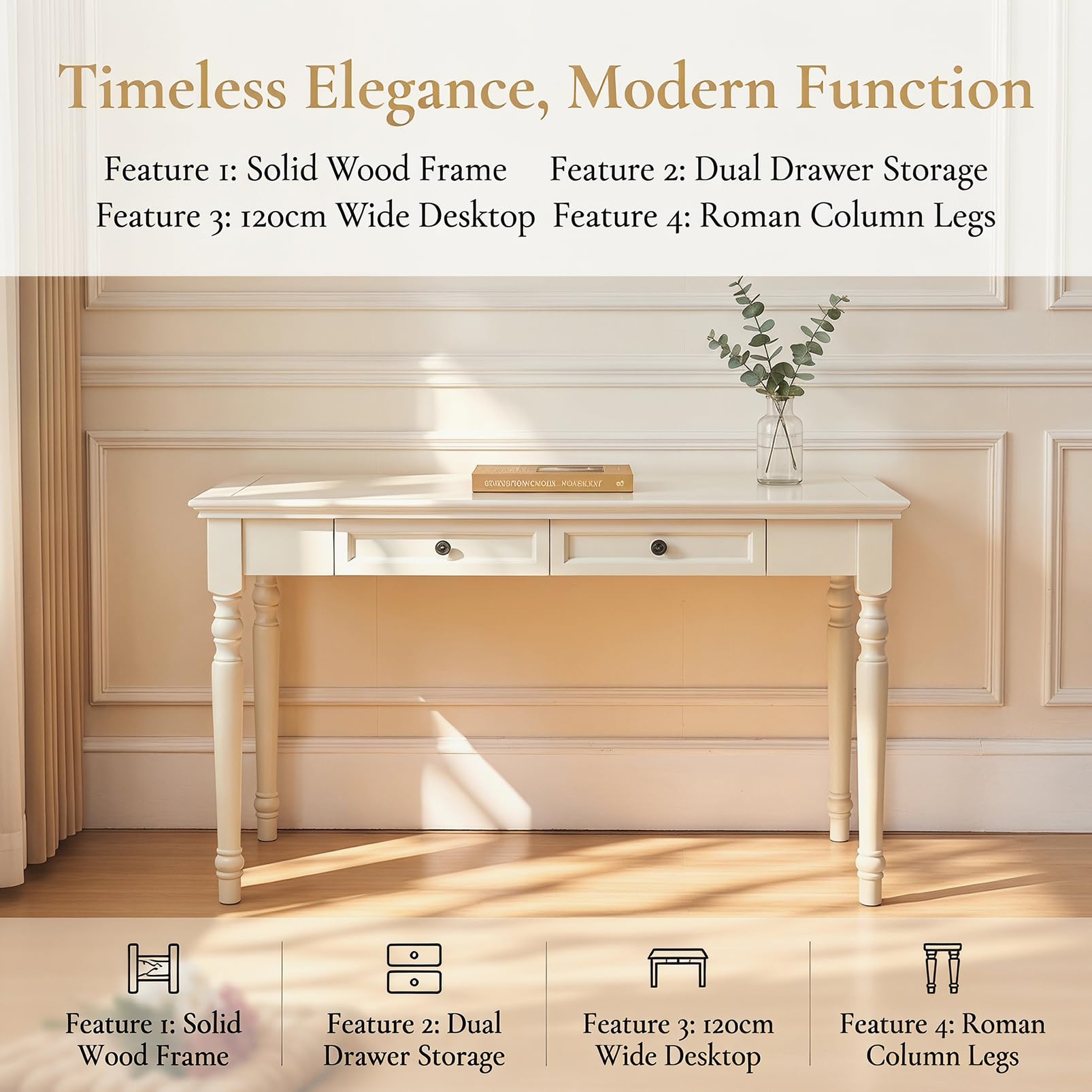 Scrivania Vintage In Noce Con 2 Cassetti, Scrivania Tradizionale Da 120 Cm In Stile Rustico, Tavolo Da Trucco Classico In Legno Massello, Per Ufficio, Studio O Soggiorno, White