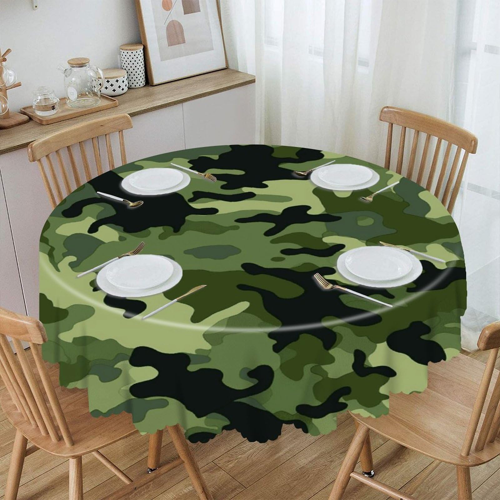 FekiLoot Camo Green Round Tablecloths 60 Inch Resistant Washable Polyester Table Cloth Style Decorative Circle Fabric Table Cover for Dining Kitchen Party Farmhouse Outdoor