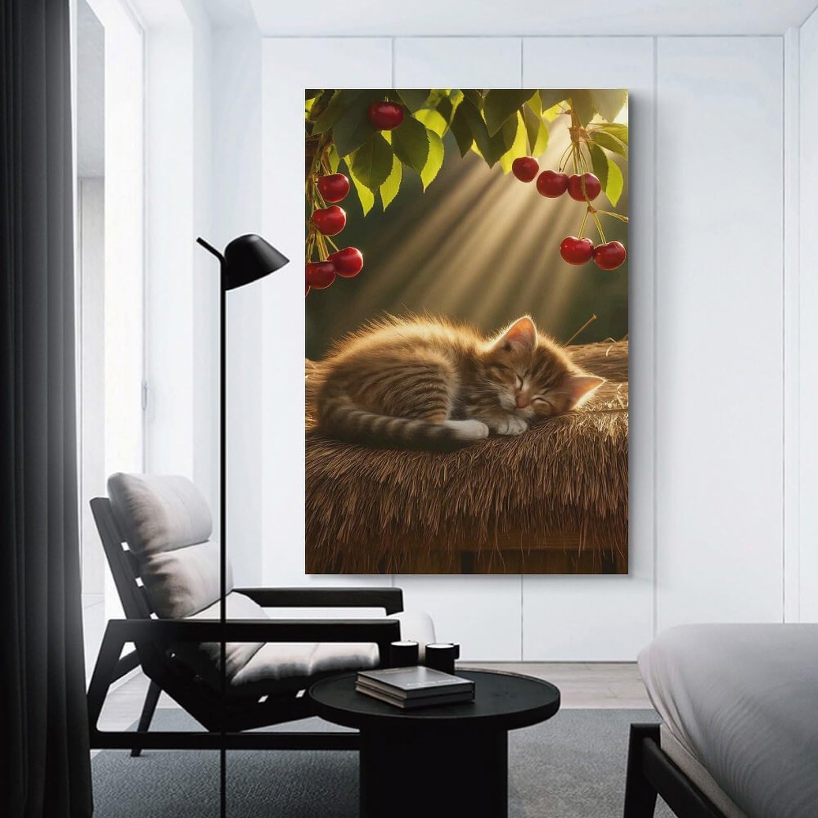 Junmoney Unframe-Style-23 Sleeping Kitten Under Cherry Tree Canvas Wall Decor, 12X18inch(30X45cm), For Small Homes, Bedrooms Or Open Spaces, Home Artwork For Modern Interiors