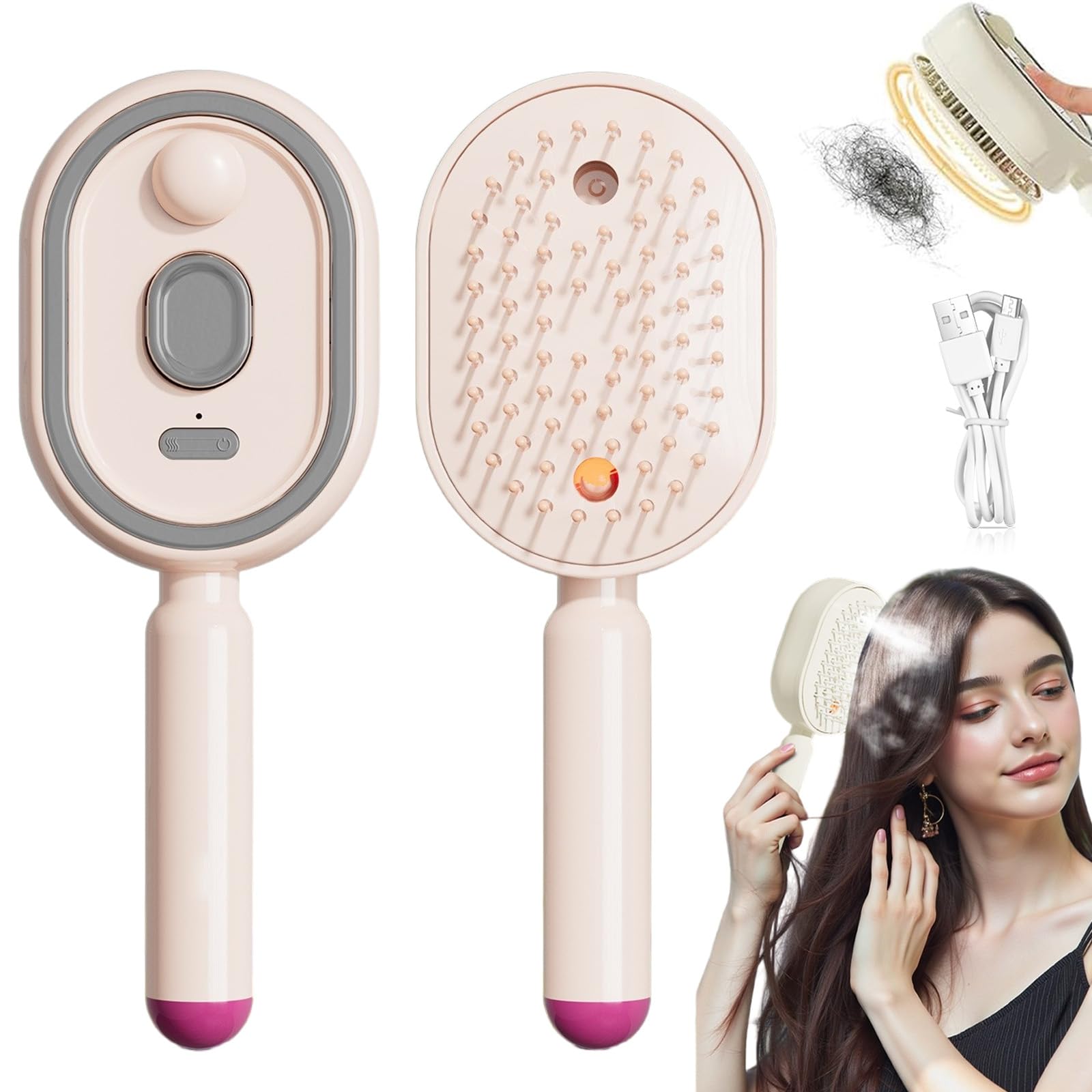 Electric Steam Brush for Hair, Rechargeable Spray Hair Brush with Water Spray, Detangling Misting Brush for Women, Anti-Static Hairbrush With Red Light Scalp Massage For Frizz Reduction (Pink)