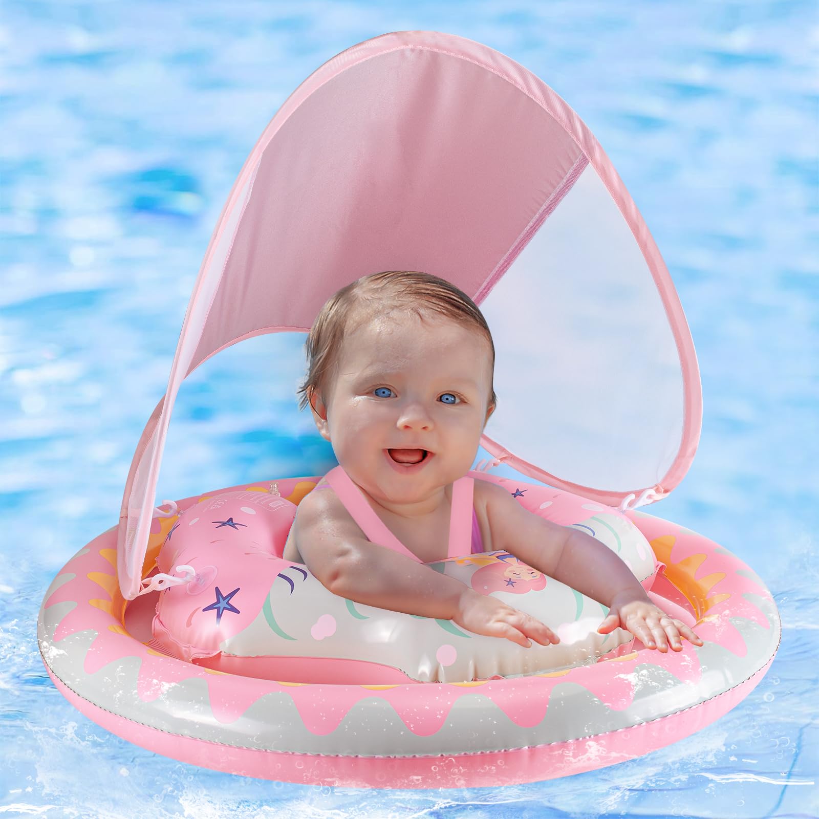 Thedttoy Piscina para bebés, con doble airbag y techo solar UPF50+, banda de natación para bebé, asiento de natación inflable ajustable, entrenador de natación, flotador para bebés, para niños