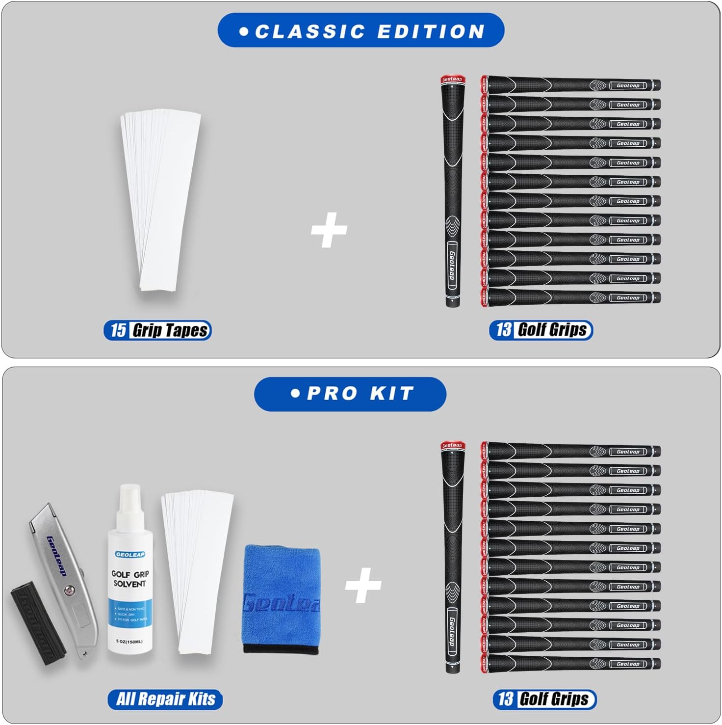 Geoleap Rubber Golf Grips Set of 13 -Grips with 15 Tapes and Grips with All Repair Kits for Choice, Non-slip and Shock-absorbing, Thumb Pattern Design, All Weather Performance and High Feedback Soft Rubber Golf Club Grips
