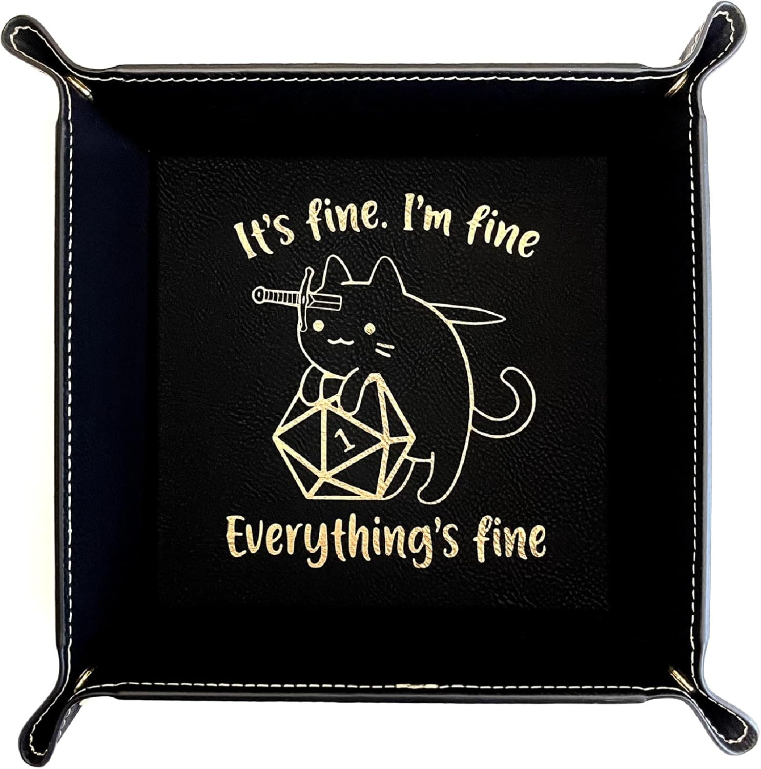 Everything is Fine SWORD Cat Dice Tray DnD, Vegan Leather, Gift, Made by LaserTavern (Black/Gold)