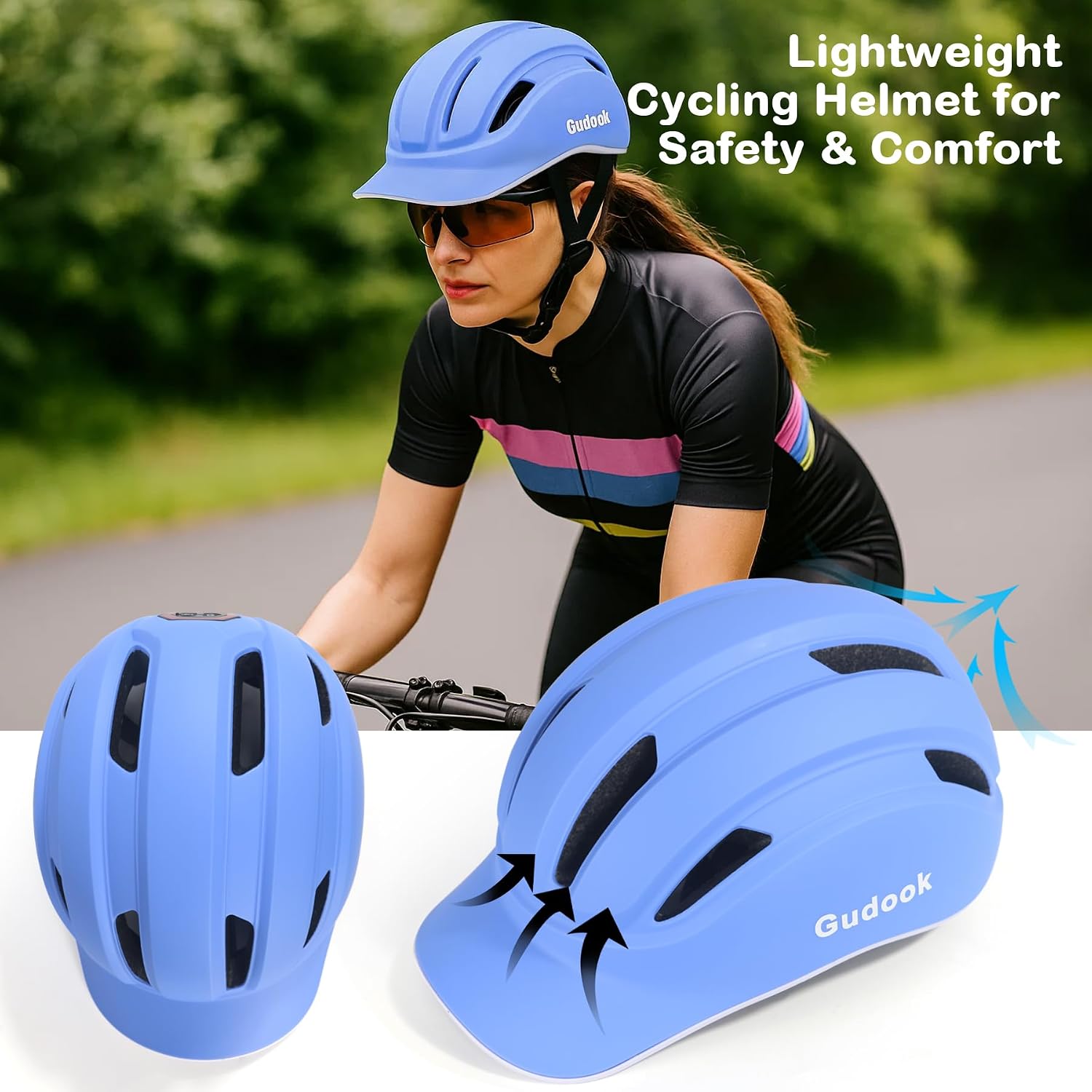 Adult Bike Helmet for Men - Women Bicycle Helmet with LED Rear Light - Certified Comfort Adjustable Baseball Cap Style Cycling Helmets for Urban Commuter Road Biking Scooter