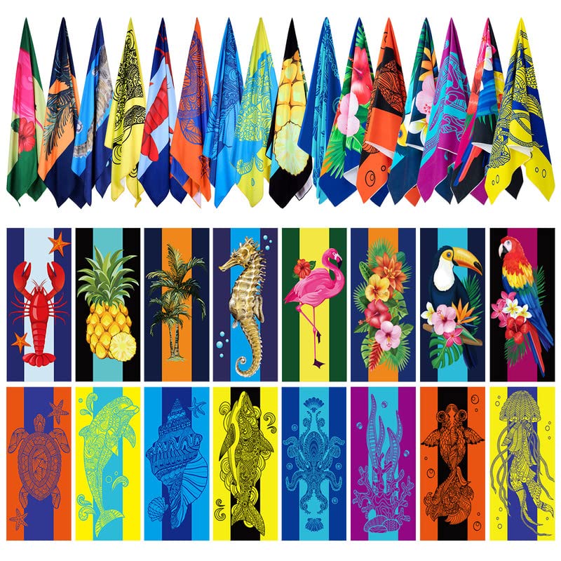 Redbaker 16 Packs 59 x 28 inches Oversized Hawaiian Beach Towel Bulk Extra Large Pool Towels Set Microfiber Quick Dry Swim Towel Blanket for Women Men Adult Bath Travel(Bright Colors)