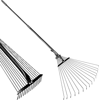 Walensee Garden Leaf Rake 64 Inch Adjustable Folding Leaves Rake Tools Metal Rake with Expandable Head from 7-22 Inch Expanding 15 Tines Shrub Rake to Collect Leaf & Poop Among Lawn and Yards 1 Pack