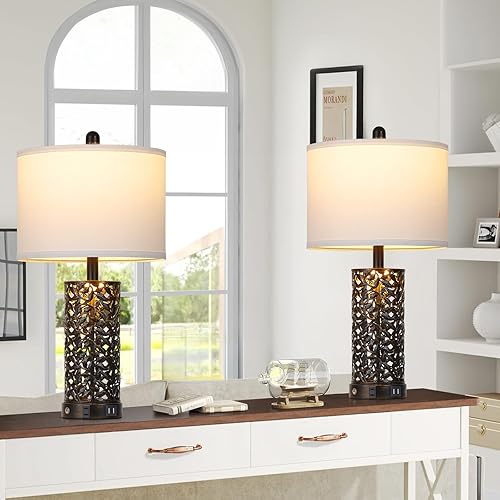 Miniatura 5 de Juego de 2 lámparas vintage para sala de estar, estilo rústico, retro, con 2 puertos USB y salida de CA, lámpara de escritorio industrial con