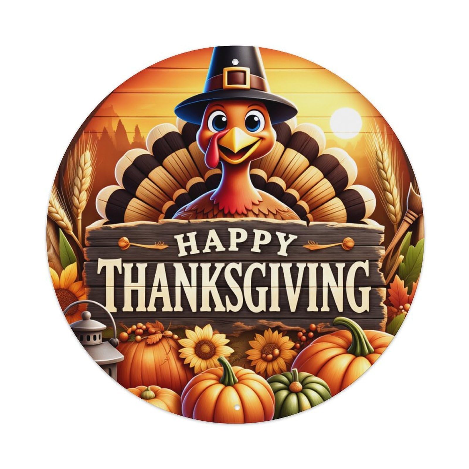 Happy Thanksgiving Turkey Pumpkin Sunflower Round Tin Sign Vintage Metal Poster, Home Bar Garage Man Cave Cafe Indoor & Outdoor Wall Decoration 8x8Inches
