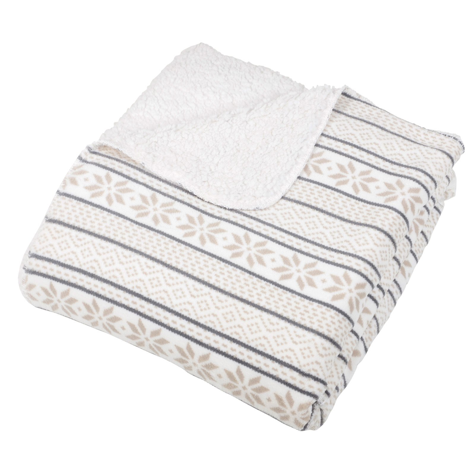 Micro-Pro White/Natural Fairisle Fleece Blanket Soft Sherpa Sofa Bed Throw 130x160cm