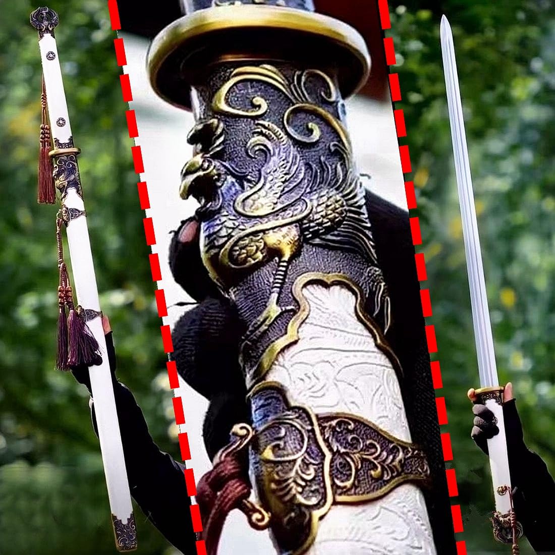 China Mythical Animals Dragon/Peacock Battle Sword Damascus Folded Steel Blade Double Edge Sharp Wushu Handmade Real Knife Swords Chinese Kungfu Taichi Dao Jian