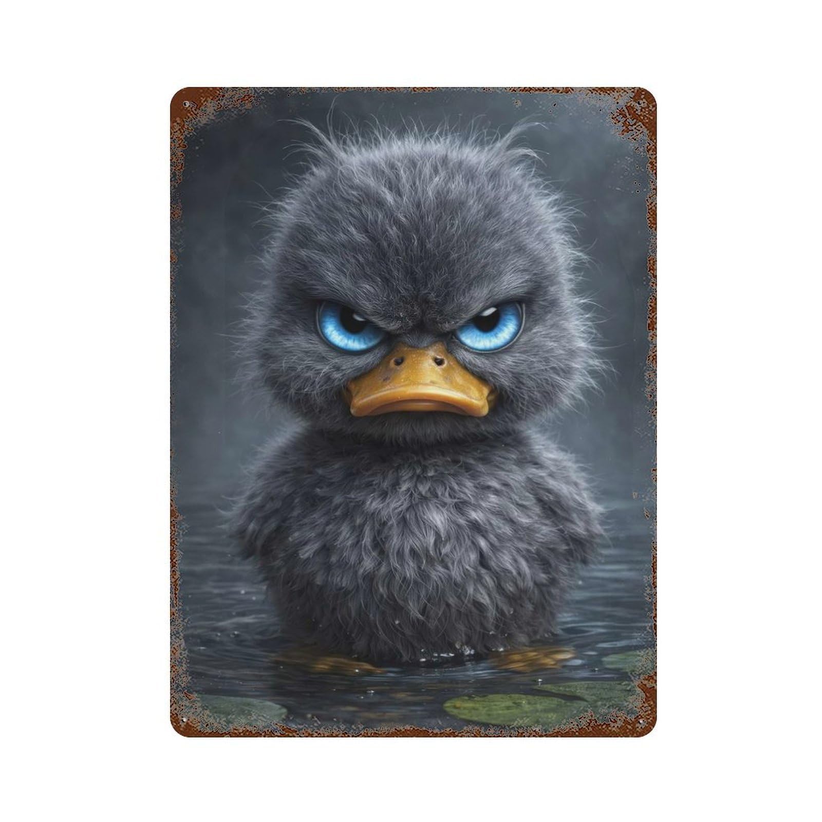 Garage Style Angry Duckling with Blue Eyes Distressed Metal Wall Sign 15.7"x11.8", Rustic Home Decor for Bar And Workshop