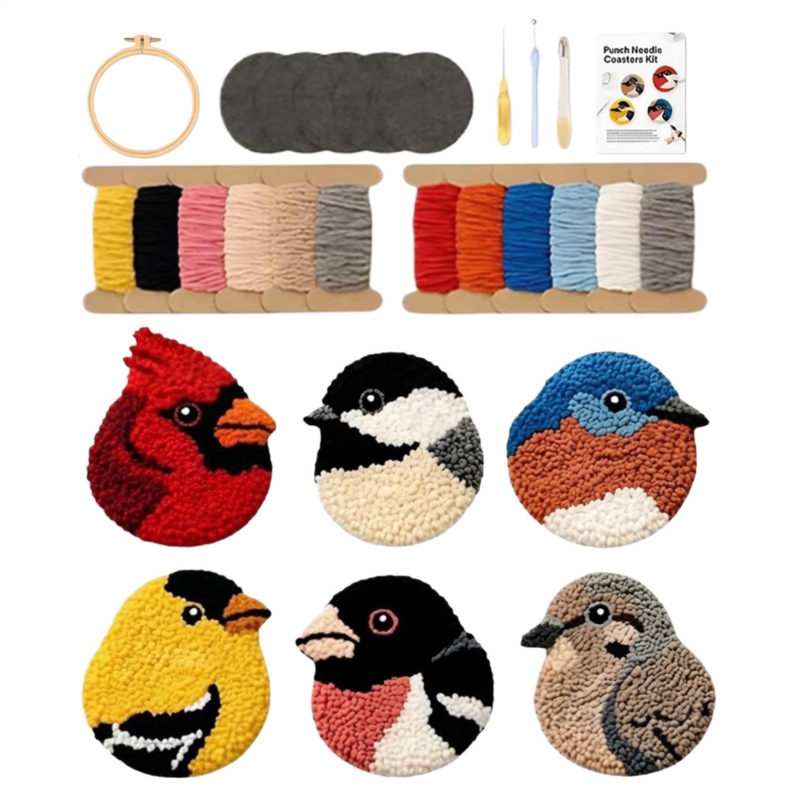 Kit de Punch Needle para principiantes con posavasos de pájaros de mesa 8