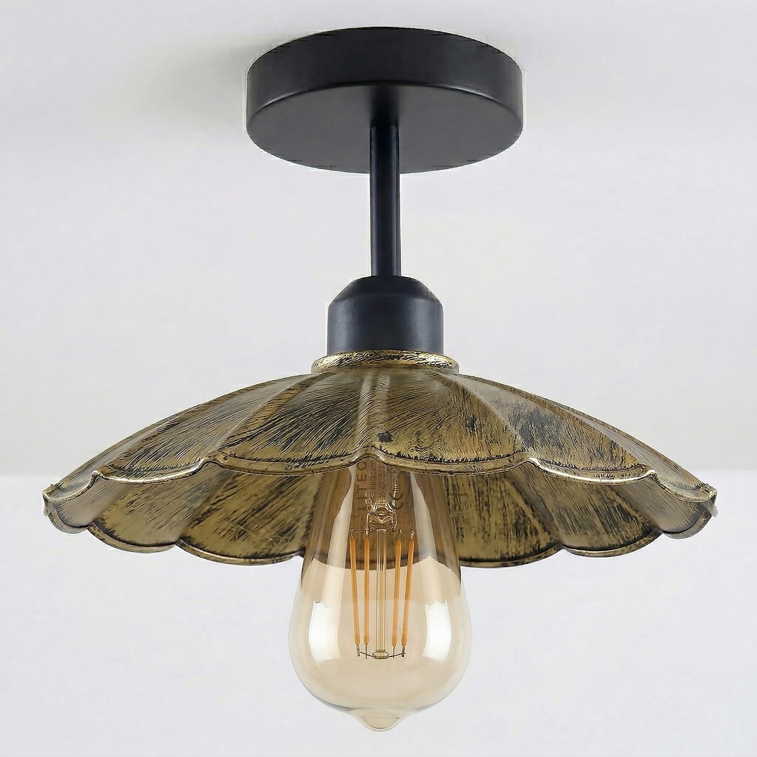LEDSone Industrial Semi Flush Mount E27 Base Metal 22cm lampshade Indoor Ceiling Light for Living Room Bedroom Hallway Kitchen (Brushed Brass with Bulb)