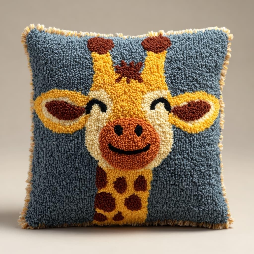 Taxpy DIY Latch Hook Pillow Kit Pre-Printed Hook and Latch Rug Kits Giraffe 17X17 Inch.Cross-Stitch Embroidery Cushion Cover for Home Sofa Decoration