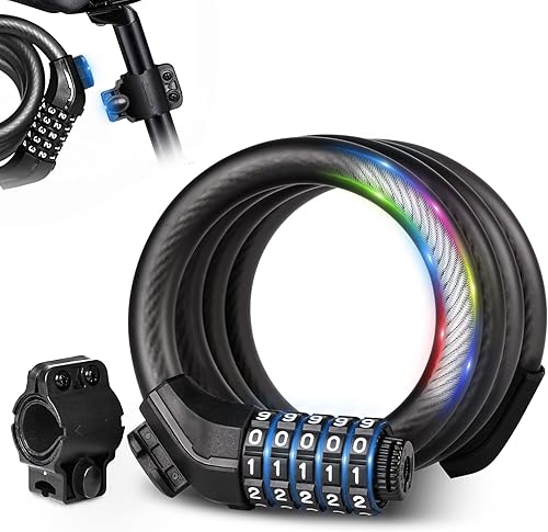 Candado de bicicleta con combo de 5 dígitos reiniciable, 0.591 in de ancho y 4 pies de largo, bloqueo de cable de acero antirrobo para bicicletas,