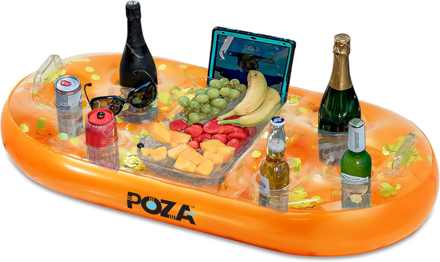 POZA Inflatable Gold Floating Cooler - Luxurious Drink Holder Filled with Sparkly Confetti, Premium Party Float with 8 Holders, Serving Bar for Beach, Lake, Hot Tub, Jacuzzi and Pool - 39x23 Inches