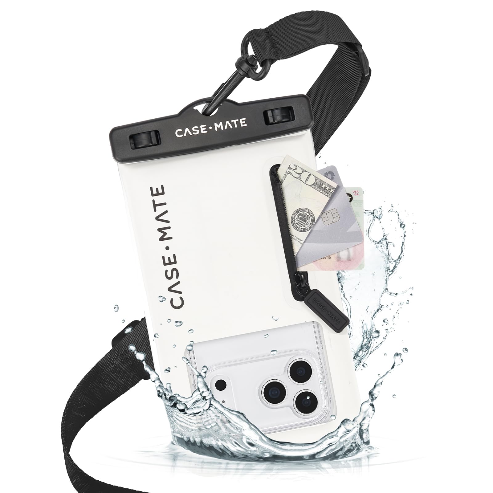 Case-Mate IP68 Waterproof Phone Pouch with Zip Pocket for 3 Cards & Cash - Large Floating Phone Case w/Crossbody Lanyard - Beach Cruise Ship Travel