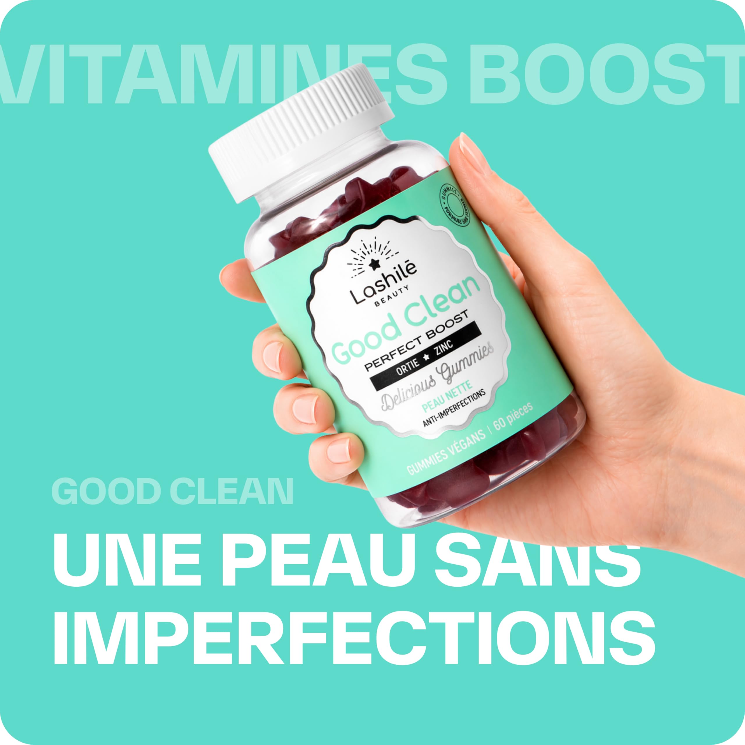 Lashilé Beauty - Gummies Peau - Peau Nette & Anti-Imperfections - Régule le Sébum & Purifie - Good Clean Vitamines - Complément Alimentaire Anti-Acné -Bardane Ortie Zinc - Cure 1 Mois 60 Gummies