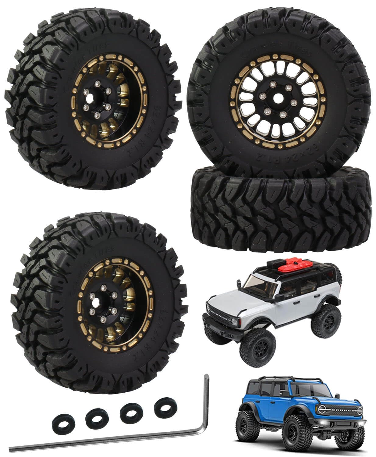 hopsupRC Full Brass 1.2in Beadlock RC Truck Tires Upgrades Part for 1/18 1/24 Trx4m Axial SCX24 FMS FCX24 RC Crawler,RC Wheels Hops Up(4pcs Black)
