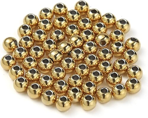 Loprome 120 cuentas espaciadoras redondas de acero inoxidable chapadas en oro, agujero de 0.039 pulgadas, cuentas sueltas sin costuras para hacer