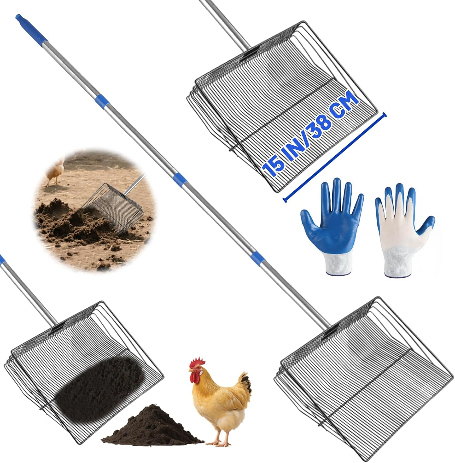 15 Inch Large Chicken Poop Scooper,4 in 1 Adjustable Chicken Coop Scoop, (25 to 71 inch) Adjustable Stainless Steel Handle Chicken coop Rake and Pair of Non-Slip Gloves, Chicken Coop Accessories