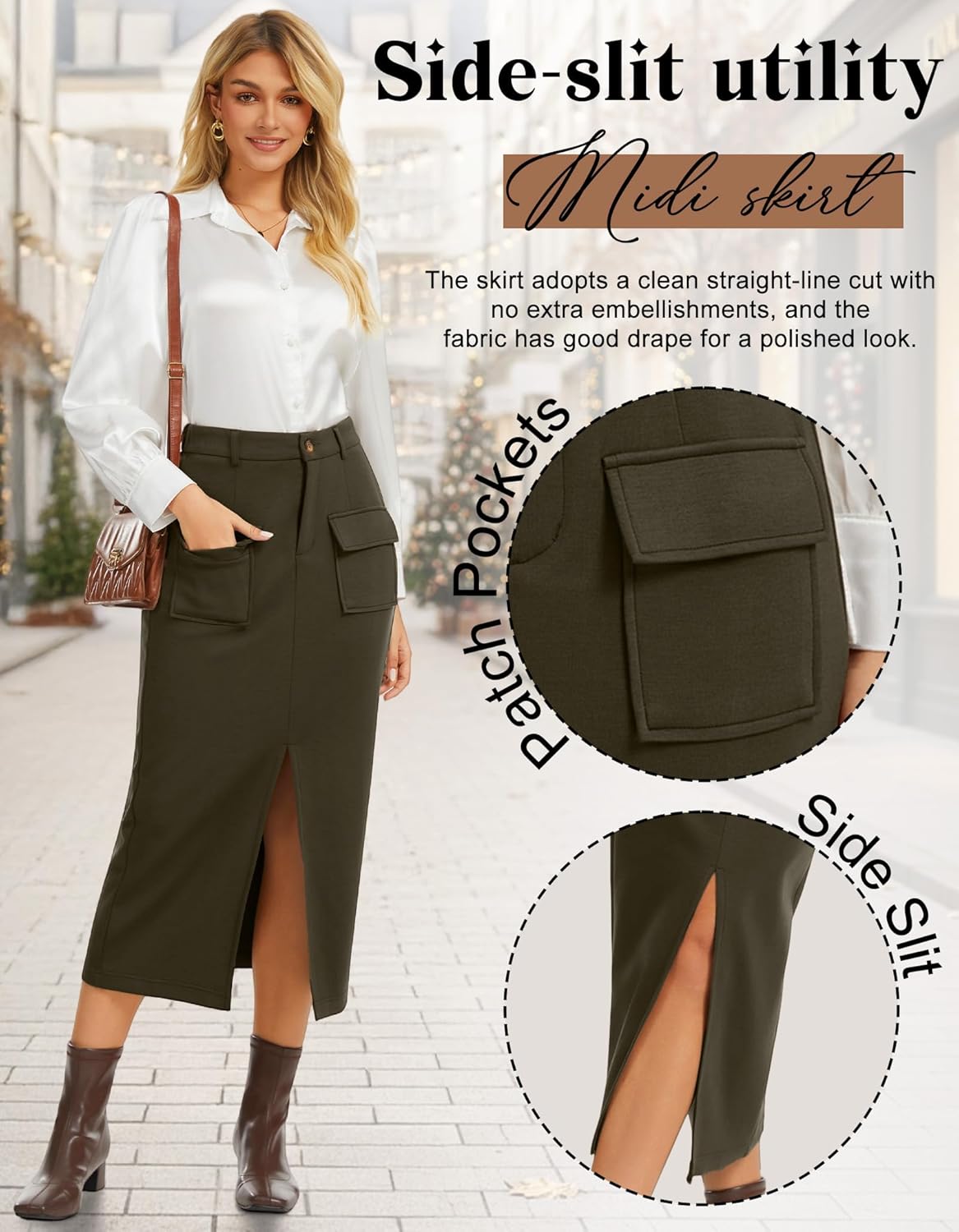 Womens Midi Pencil Skirt Spring High Waist Cargo Skirt with Pockets Summer Slit Dressy Casual Business Long Skirts