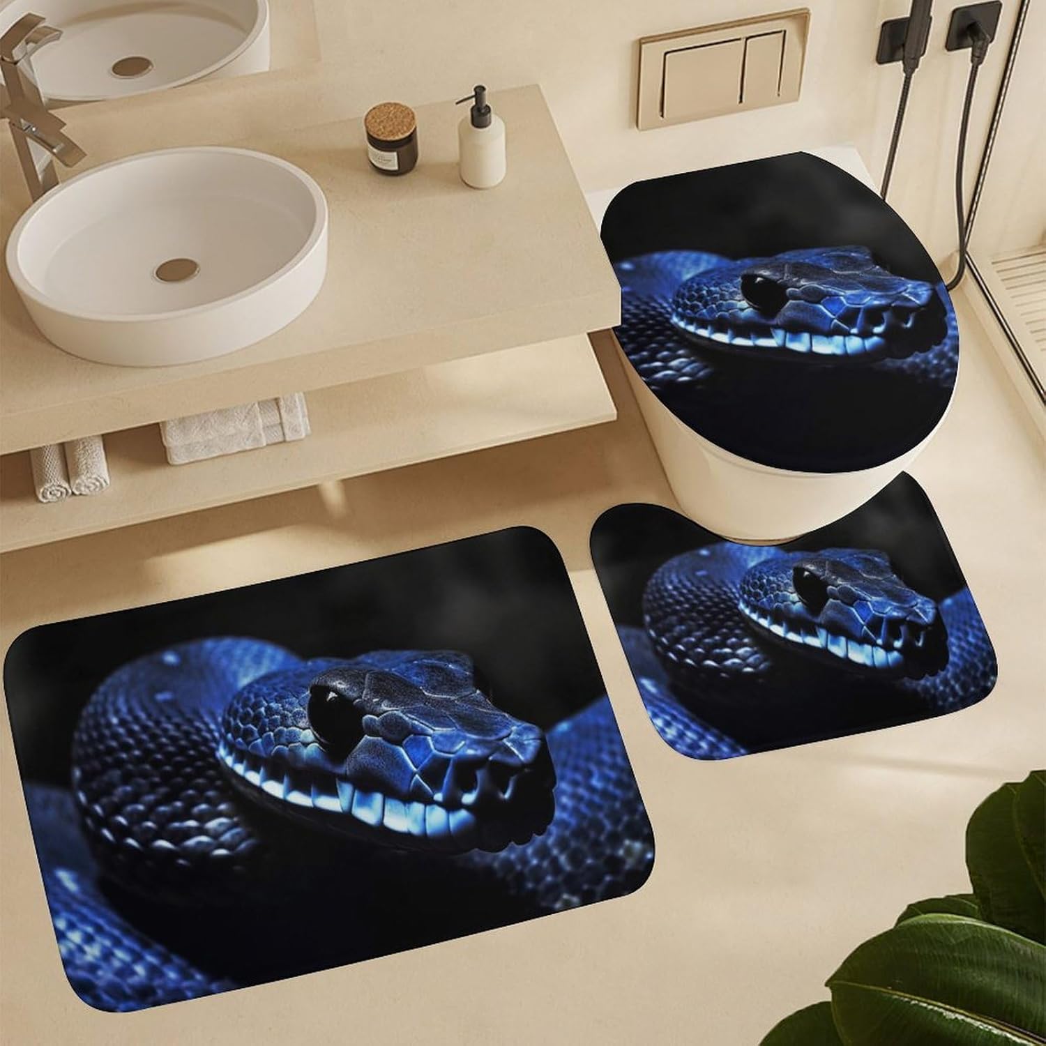 Anti-Skid Floor Mats 3 Piece Set,Blue Snake Printed Coral Fleece Bathroom Mats U-Shaped Contour Mat Toilet Seat Cover for Bathroom, Tub, Shower, Kitchen 19.7"x31.5"