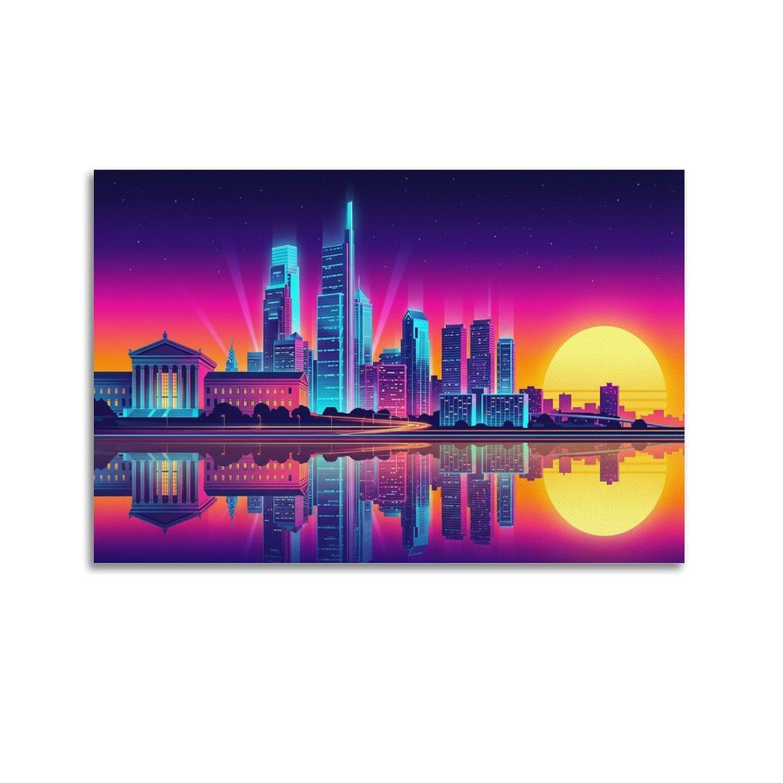 XKUGA Philadelphia Synthwave Travel Scenery Posters Modern Decorative Canvas Prints - Ideal Wall Art for Family, Man Cave, Game Room, Boys & Girls Bedroom 20x30inch(50x75cm)
