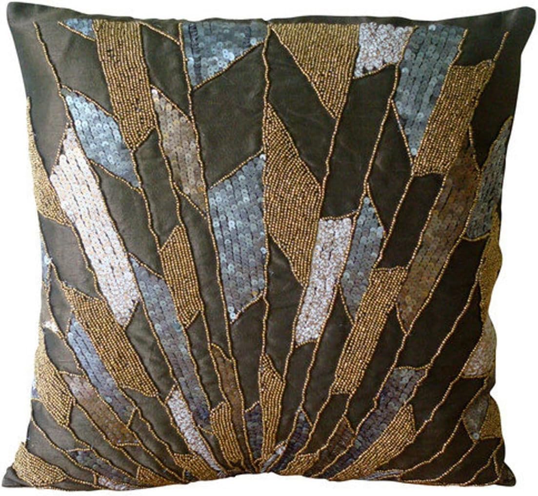 The HomeCentric Chocolate Brown Pillow Covers - Geometric Sequins Beaded, Pack of 2, 18x18 Inch (45x45 cm) Square Silk for Couch, Art Deco - Glamorous Splash