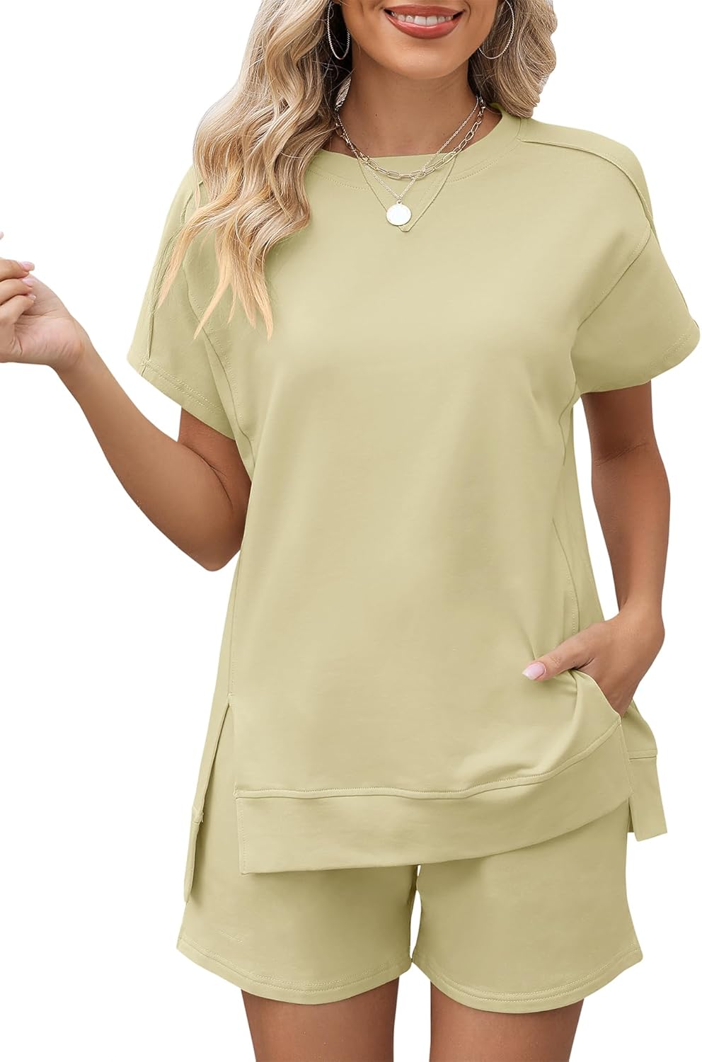 LOMON Womens Fashion 2 Piece Outfits Sweatsuits 2026 Summer Short Sleeve Loungewear Tracksuit Round Neck Lounge Shorts Sets