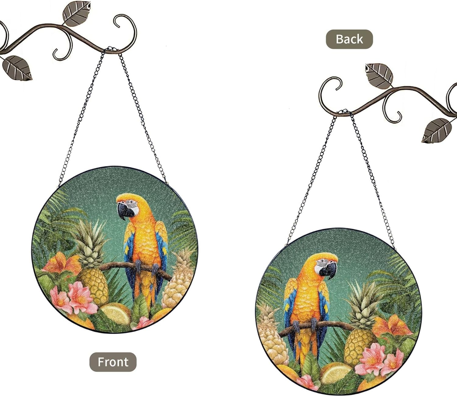 Stained Glass Window Hanging 6in（15cm）, Summer Parrot Pineapple Bird Glass Suncatcher for Home Decor, Indoor Wall Art Glass Panel with Metal Chain and Hooks, Sun Catcher Ornament Birthday Gifts