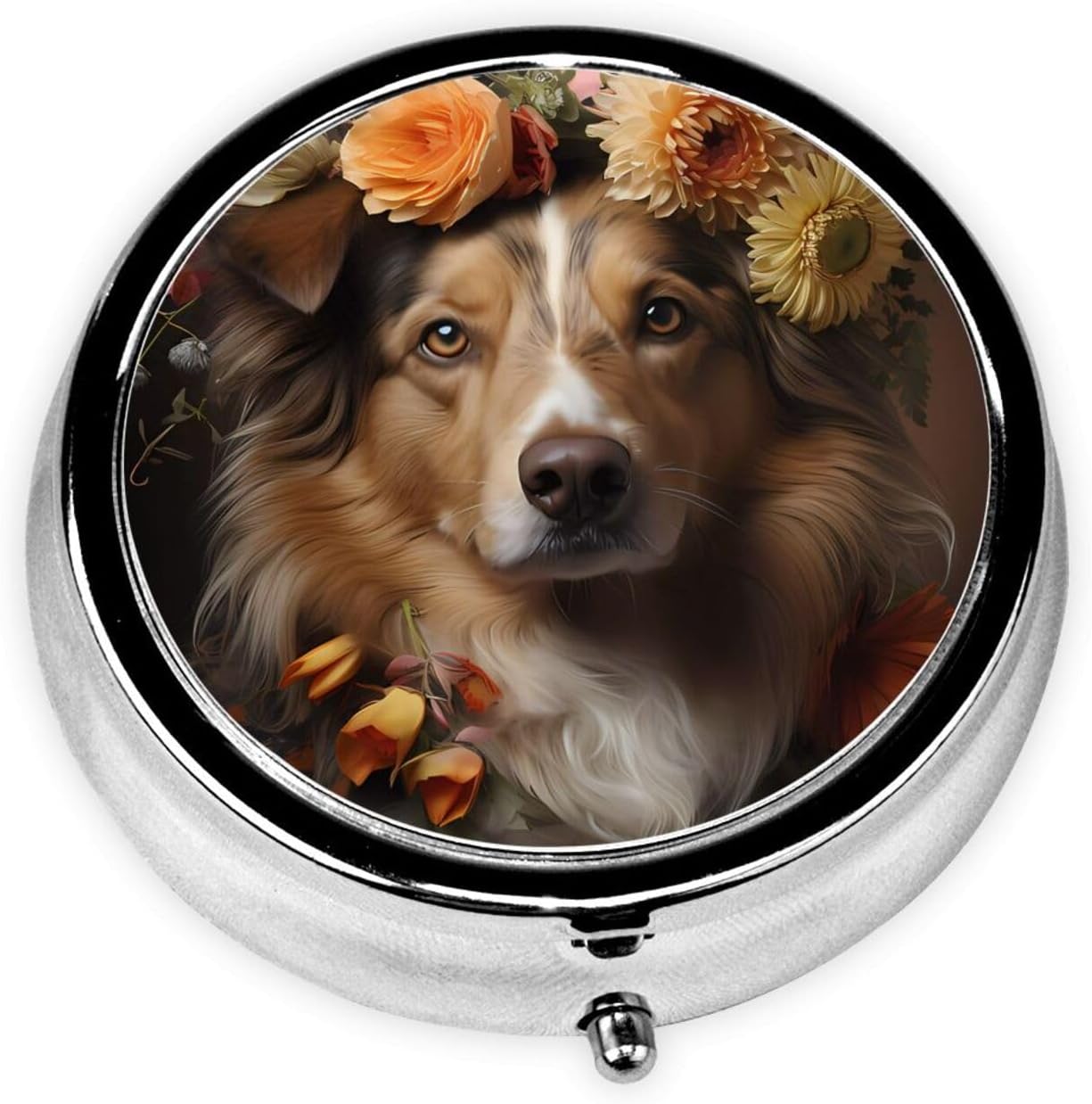 Dog Girl with Flowers Round Pill Box – Portable Medicine Storage Container for Vitamins, Supplements, Fish Oil, etc.