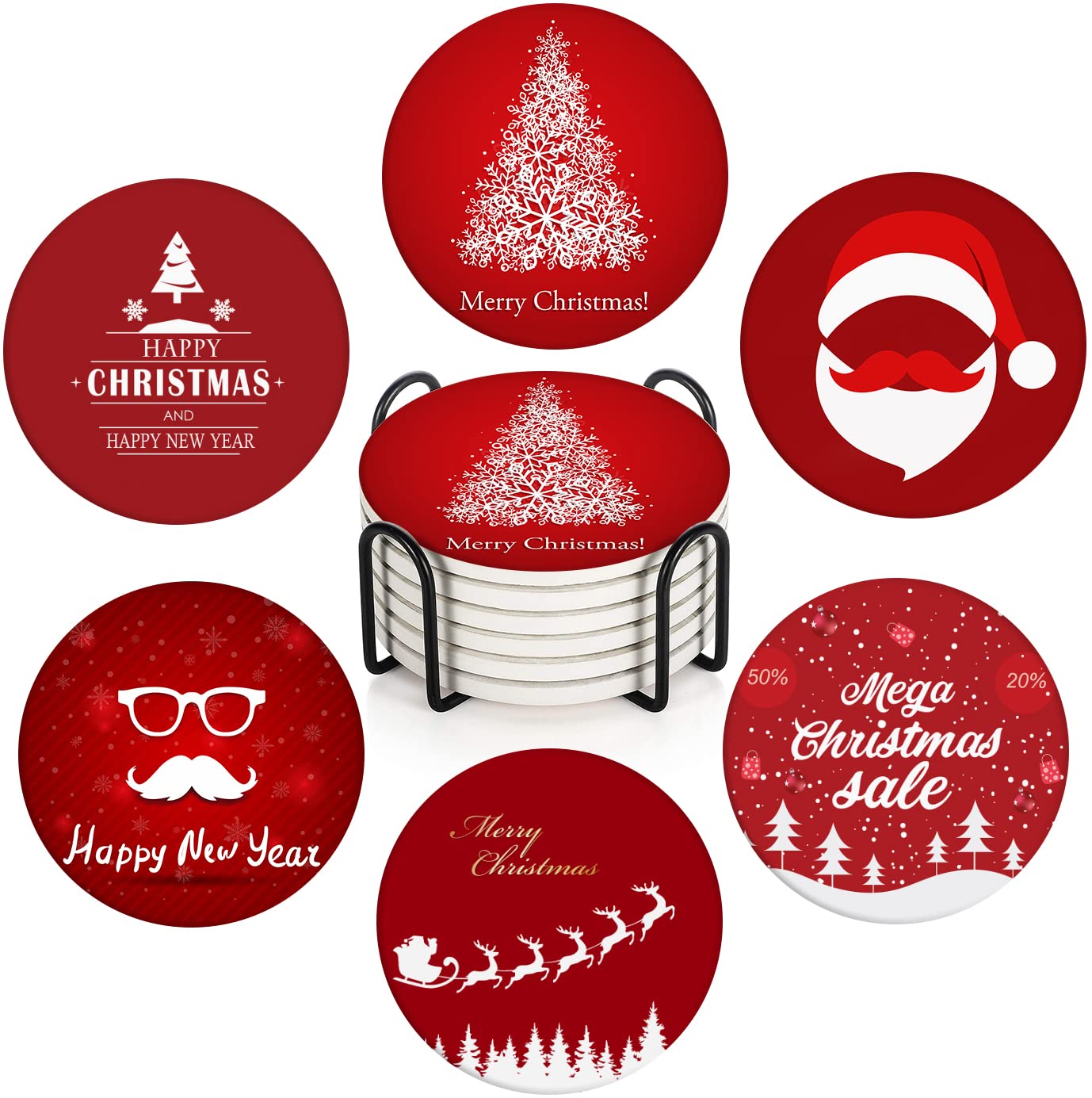 Britimes Christmas Table Coaster, Set of 6, Red Christmas Tree Snowflakes Abstract Absorbent Round Stone Drink Mat, with Cork Base and Metal Holder, Gift for Housewarming Room Bar Decor