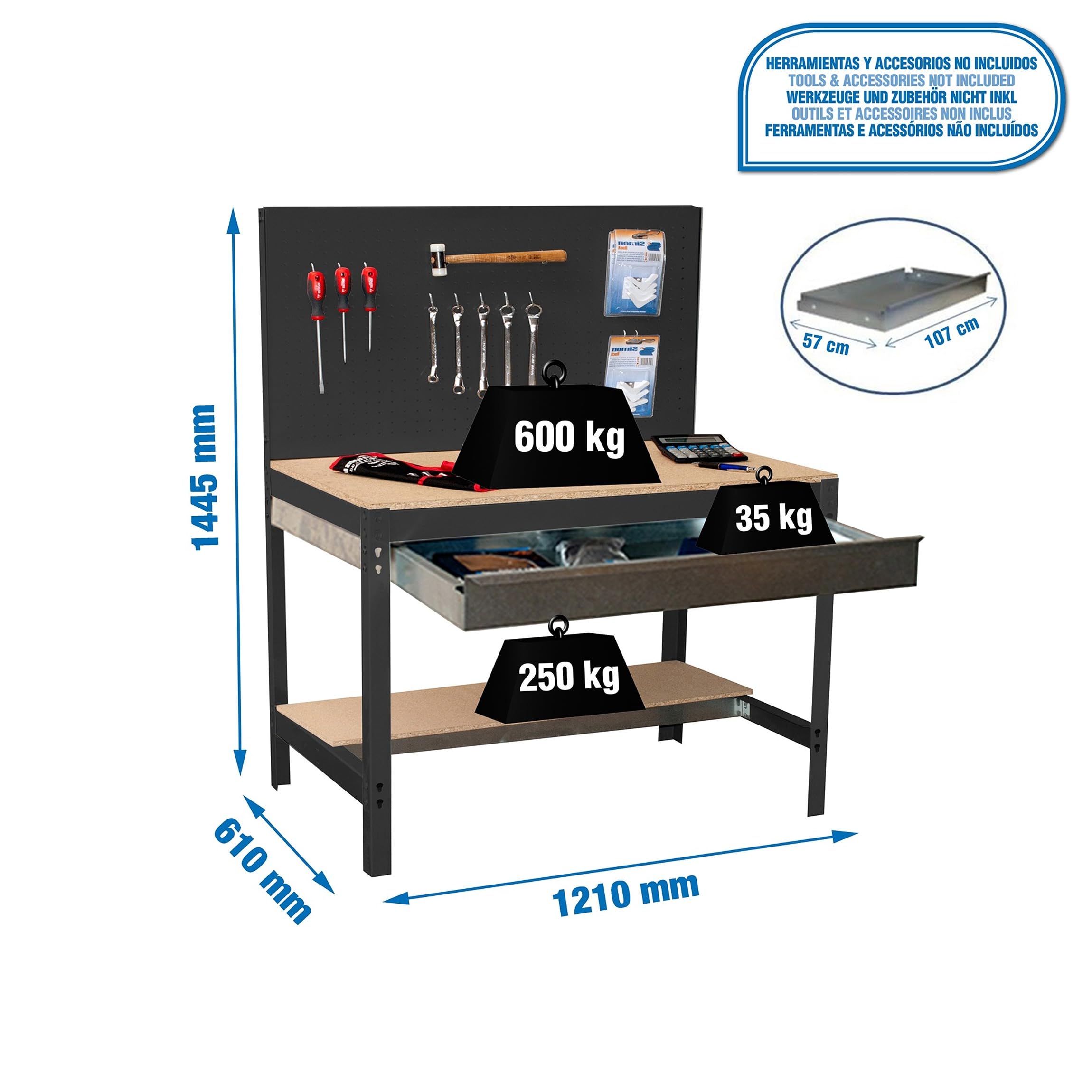 Simon Rack Banco de Trabajo con Panel Perforado y cajón 1210x610 mm - BT2 | Panel Perforado y Cajón, Tablero madera 16 mm, Capacidad Carga 600 kg, Antracita , Pintura anticorrosión