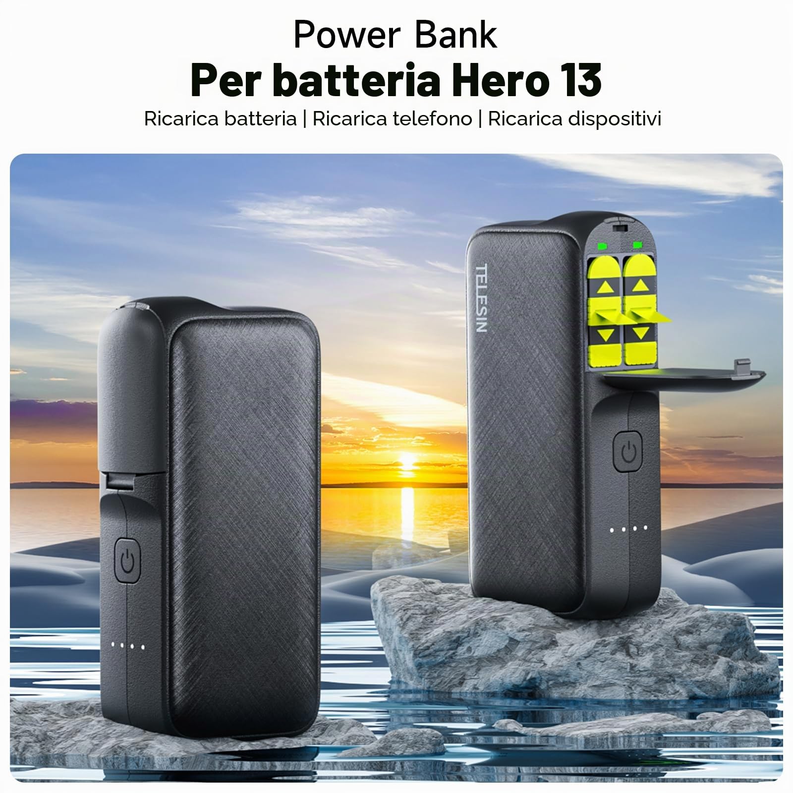 TELESIN 10000mAh Caricabatterie Power Bank per Go Pro Hero 13, Dual Slot Caricatore Rapido per GoPro Hero 13, Multifunzione Portatile Power Bank Caricabatterie Completamente compatibile con GoPro Hero | Viaggio/outdoor, 10000mAh e doppio slot ricarica, st