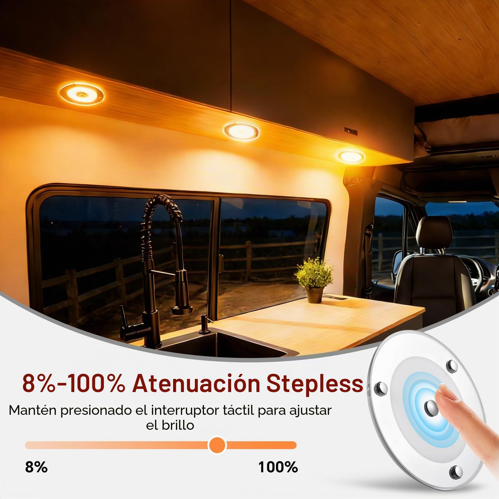 2 x Luz de Techo 12V Autocaravana LED Regulable Panel Iluminación Interior 4,5W 120mm 400LM 3000K con Luz Azul/Interruptor Táctil, para Caravana Barco Remolque Coche
